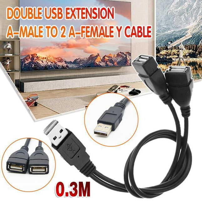 Double USB Extension A-Male to 2 A-Female Y Cable Cord Power Adapter Splitter - Aimall