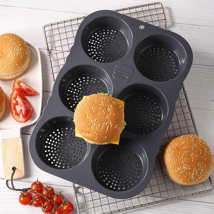 6 Cavity Silicone Hamburger Bun Pan Non Stick Burger Bread Mold Pans Baking Tool
