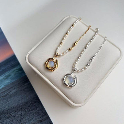 Vintage Moonstone and Pearl Necklace with Chain Fashion Jewelry Women and Girls