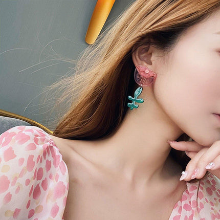 Transparent Flower Earrings Asymmetrical Color Contrast Design Statement Jewelry