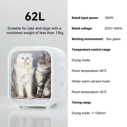 62L Smart Pet Hair Dryer Box Automatic Dryer for Cats and Small Pets Safe Use