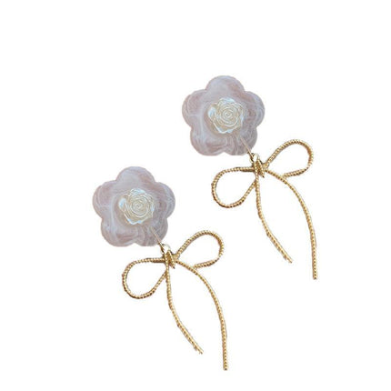 925 Silver Needle Rose Petal Earrings Long Acrylic Tassel Eardrop Women - Aimall