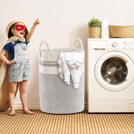 Woven Cotton Rope Storage Basket Foldable Laundry Bin Bamboo Clothes Organizer