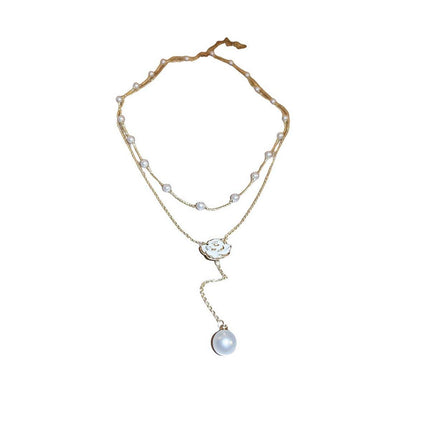 Gold Pearl Camellia Long Tassel Necklace Elegant Airy Jewelry for Women Gift