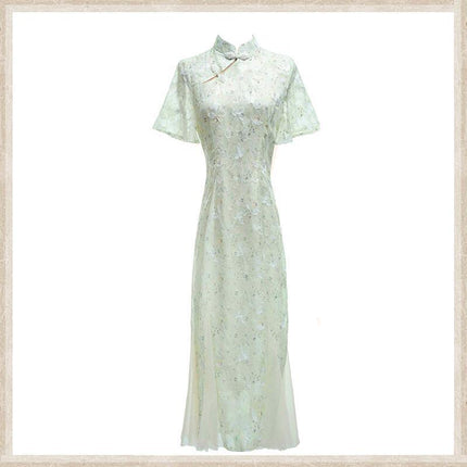 Chinese Traditional Cheongsam Women Lace Embroidered Qipao Evening Dress - Aimall