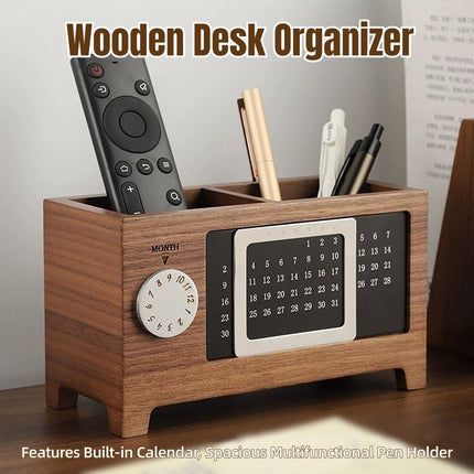 Black Walnut Wood Perpetual Calendar Pen Holder Desktop Organizer Office Storage
