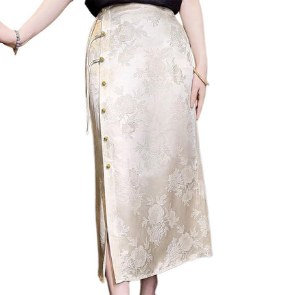 Retro White Cheongsam Style High Waist Slit Skirt for Women