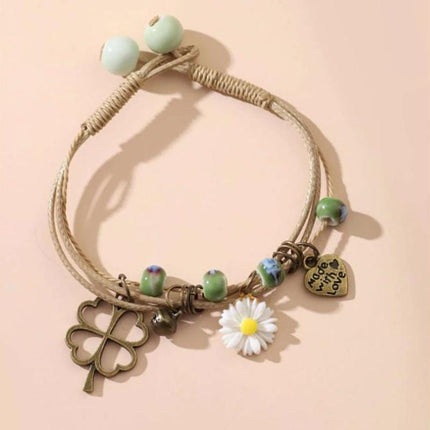 Flower Pendant Waxed Thread Rope Ceramic Beaded Wristband Bracelet Birthday Gift - Aimall