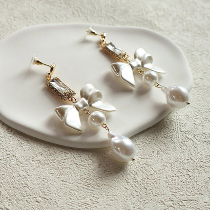Sweet White Bow Long Earrings for Girls Elegant Fashion Dangle Jewelry Gift