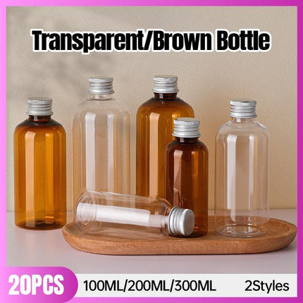 20pcs Brown Transparent Cosmetic Bottles with Aluminum Lids for Packaging