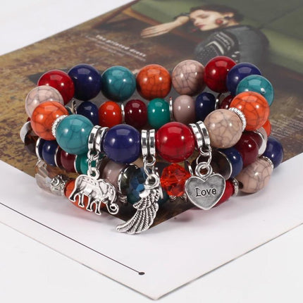 3PC Women's Boho Wooden Natural Stone Beads Tassel Bracelet Set Bodhi Beaded