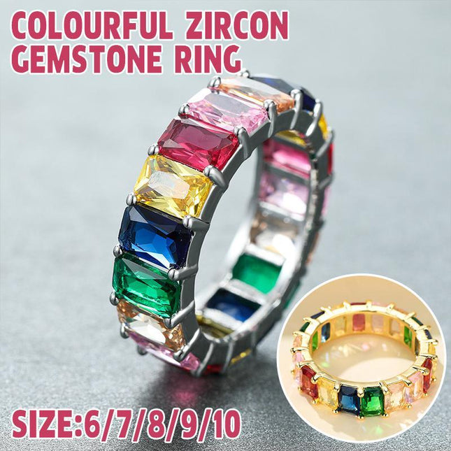 Rainbow Zircon Gemstone Ring Women's Stainless Steel Colourful Ring Size 6-10 - Aimall