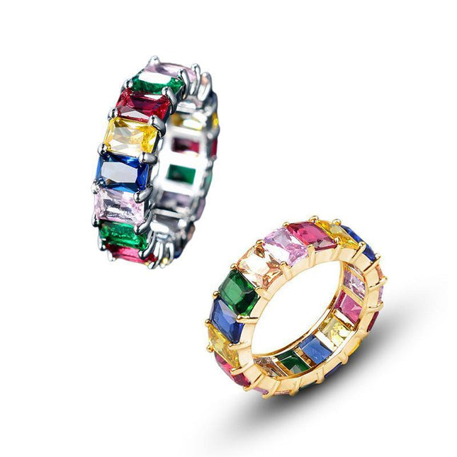 Rainbow Zircon Gemstone Ring Women's Stainless Steel Colourful Ring Size 6-10 - Aimall