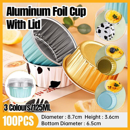 100Pcs Cake Tools Pudding Cake Aluminum Foil Baking Cups Cupcake Cup with Lids