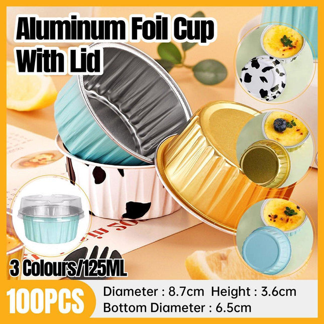 100Pcs Cake Tools Pudding Cake Aluminum Foil Baking Cups Cupcake Cup with Lids