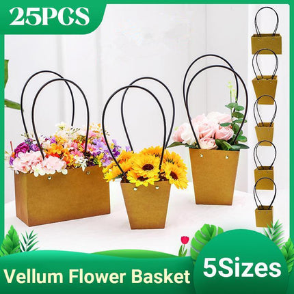 25x Kraft Paper Bag Flowers Waterproof Bouquet Basket Gift Box With Handle - Aimall