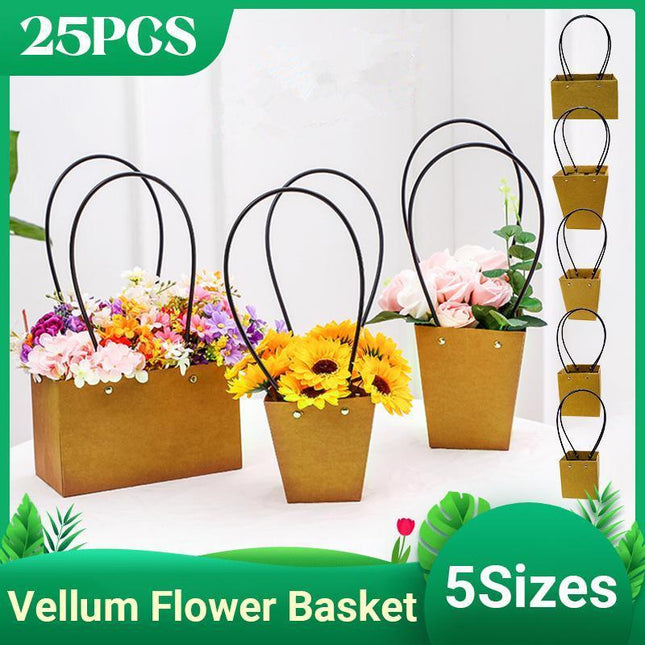 25x Kraft Paper Bag Flowers Waterproof Bouquet Basket Gift Box With Handle - Aimall