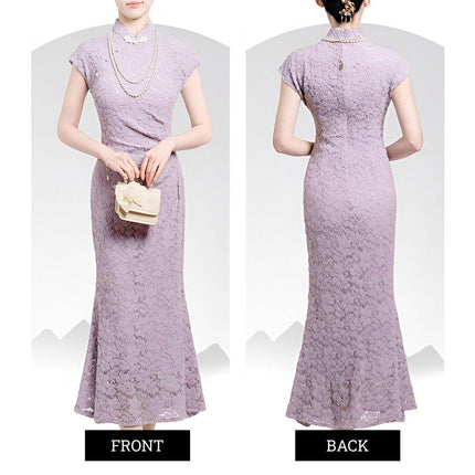 New Chinese Purple Cheongsam Dress Summer Modified Fishtail Dress for Women