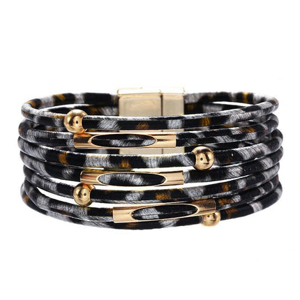 Fashion Magnetic Leather Bohemian Leopard Print Bangle Trendy New Bracelet Gift - Aimall