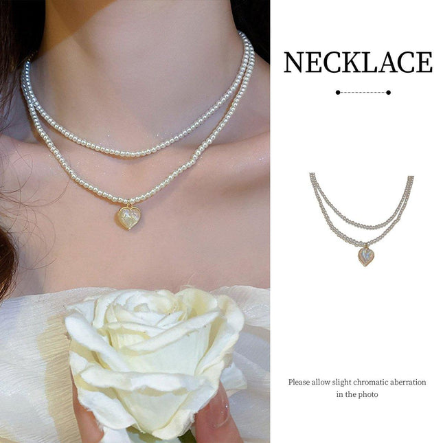 White Heart Pearl Double Layer Necklace Sweet Elegant Versatile Jewelry Gift
