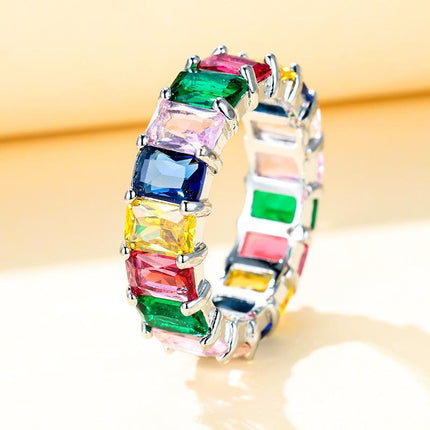Rainbow Zircon Gemstone Ring Women's Stainless Steel Colourful Ring Size 6-10 - Aimall