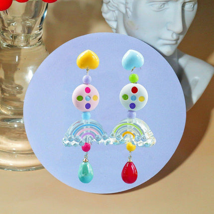 Colourful Beaded Resin Love Earrings Asymmetrical Cloud Design Long Jewelry