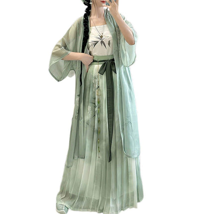 Hanfu Women Half Sleeve Pleated Skirt Waist Dress Spring Summer Daily Suit