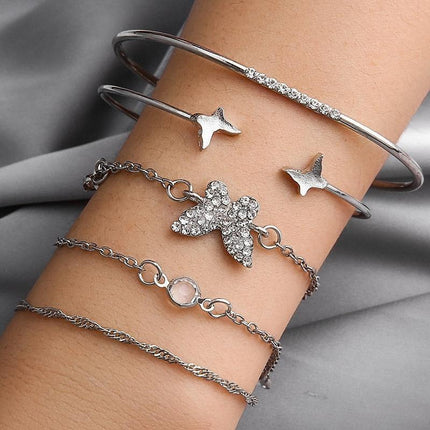 4 Stylish Hand Jewelry Diamond Set Butterfly Crescent Coin Open Set Bracelet - Aimall