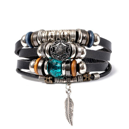 Turquoise Woven Leather Multi Layered Beaded Bracelet with Wood Beads Women