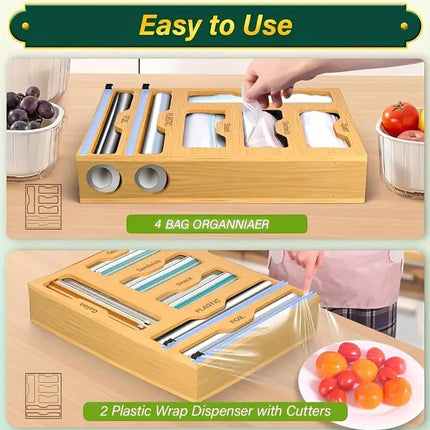Bamboo Kitchen Storage Box for Plastic Wrap Tin Foil Paper Cutter with Lid