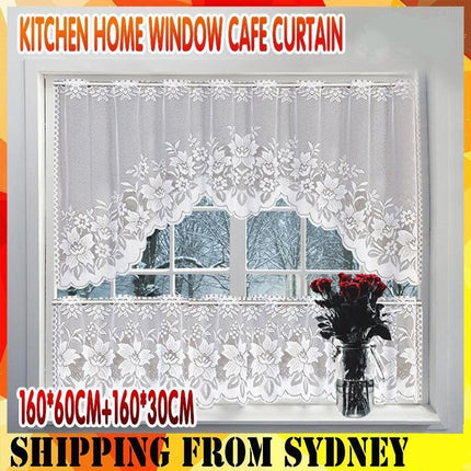 2Pcs/Set White Lace Kitchen Home Window Cafe Curtain W Scallope Edge 160Cm Wide - Aimall