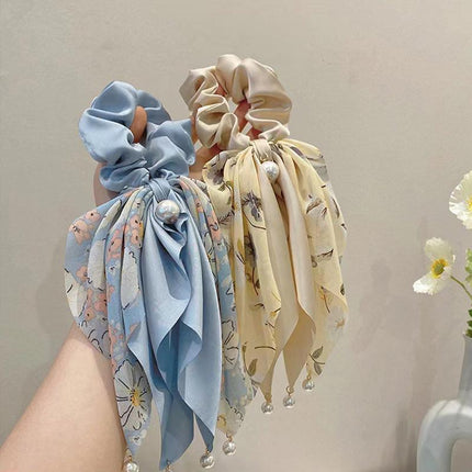 Vintage Boho Silk Bowknot Flower Hair Scrunchies Women Hair Bands Rope Pearl - Aimall