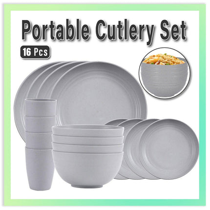 16pcs Wheat Straw Plates Bowls Cups Set Outdoor Tableware Set