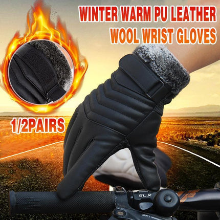 1/2 Winter Warm PU Leather Wool Wrist Gloves Touch Screen Full Finger Fur Mitten - Aimall