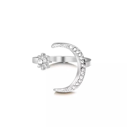 Alloy Star Moon Opening Rings Rhinestone Crescent Couple Ring Women - Aimall