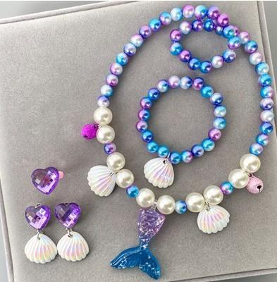 Girls Mermaid Fishtail Jewelry Set Necklace Bracelet Shell Earrings Ring Gift
