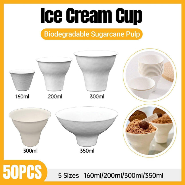 50pcs Disposable Ice Cream Cups Degradable Sugarcane Pulp Eco-Friendly Party