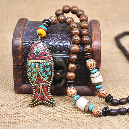 Retro Ethnic Style Pendant Sweater Chain Long Wooden Bead Necklace Fashion