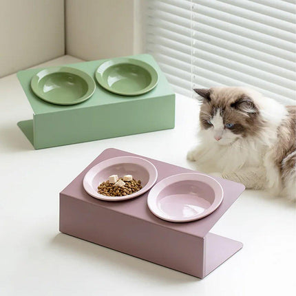 Ceramic Slanted Double Pet Bowl Cat Dog Food Water Bowl Non-Slip Feeding Dish