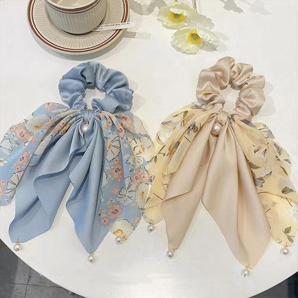 Vintage Boho Silk Bowknot Flower Hair Scrunchies Women Hair Bands Rope Pearl - Aimall
