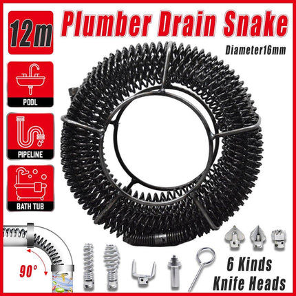 12M Plumber Drain Snake Pipe Cleaner with 6 Drill Bits Black Pipeline Sewer Tool