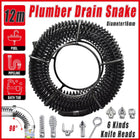12M Plumber Drain Snake Pipe Cleaner with 6 Drill Bits Black Pipeline Sewer Tool
