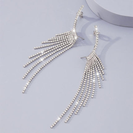 Bling Dangle Drop Tassel Earrings Long Tassel Rhinestone Rhinestone Earrings - Aimall