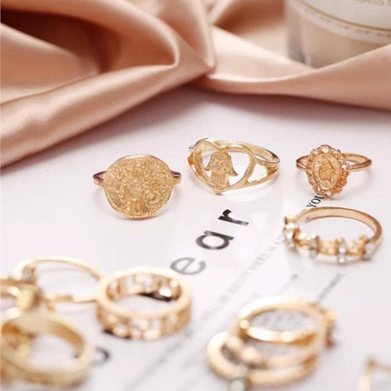 Gold Hollow Stackable Joint Ring Set 15 PCS Various Styles Versatile Womens - Aimall