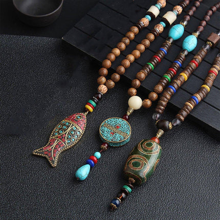 Retro Ethnic Style Pendant Sweater Chain Long Wooden Bead Necklace Fashion