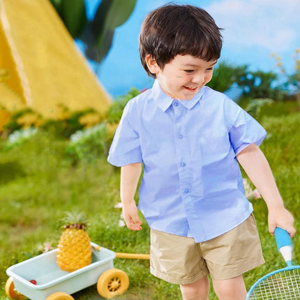 Boys Children's Kids Blue Short Sleeve School Shirt Open Neck With Lay Back Collar - Aimall