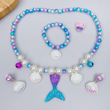 Girls Mermaid Fishtail Jewelry Set Necklace Bracelet Shell Earrings Ring Gift