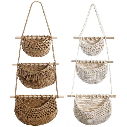 Three Layer Cotton Rope Wall Hanging Basket Door Storage Rack Organizer Bag