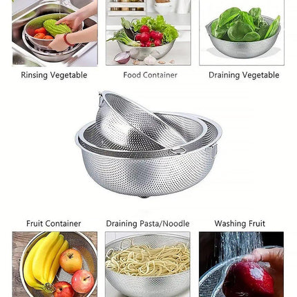 3PCS Stainless Steel Drain Basket Rice Washing Sieve Double Ear Strainer Basin