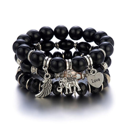 3PC Women's Boho Wooden Natural Stone Beads Tassel Bracelet Set Bodhi Beaded